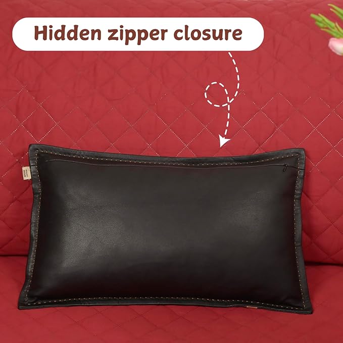 Genuine Lambskin Leather Pillow Cover, 22x30 Inch Case for Lumbar Throw Couch Pillows, Thick & Soft Cushion Covers for Sofa Bed Home Decor (Black & Tan Box Pack of 1)