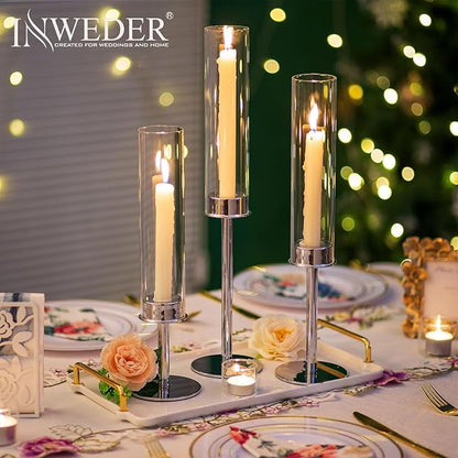 Silver Candle Holders for Candlesticks - Taper Candle Holders with Removable Glass, Tall Silver Candlestick Holders, Candle Stand Candle Sticks Long Holder for Table Centerpiece, Home, 30Pcs