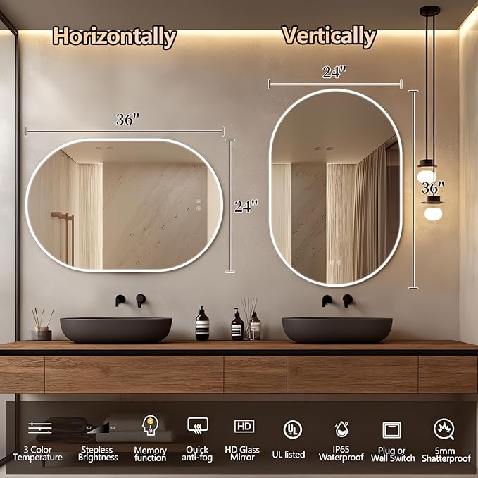 Niccy Oval LED Bathroom Vanity Mirror, 36"x24" Front lit Mirror with Light, Smart Anti-Fog Waterproof Mirror with Memory Function Dimmable Lighted Mirror