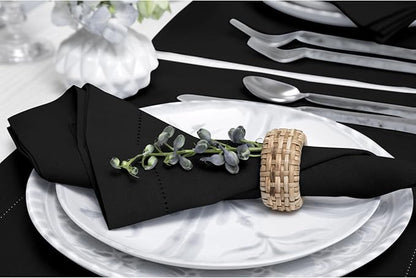 Solino Home Black Linen Napkins Set of 6-100% Pure Linen Hemstitch Dinner Napkins 20 x 20 Inch for Winter, Holiday, New Year - Classic Hemstitch