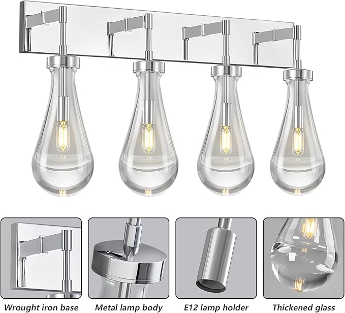 Raindrop Wall Sconces Chrome Crystal Sconces Wall Decor Modern Lighting Glass Bathroom Sconces Indoor Vanity Light Wall Lamp for Bedroom Living Room Stair(4-Light)