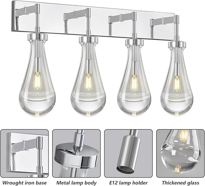 Raindrop Wall Sconces Chrome Crystal Sconces Wall Decor Modern Lighting Glass Bathroom Sconces Indoor Vanity Light Wall Lamp for Bedroom Living Room Stair(4-Light)