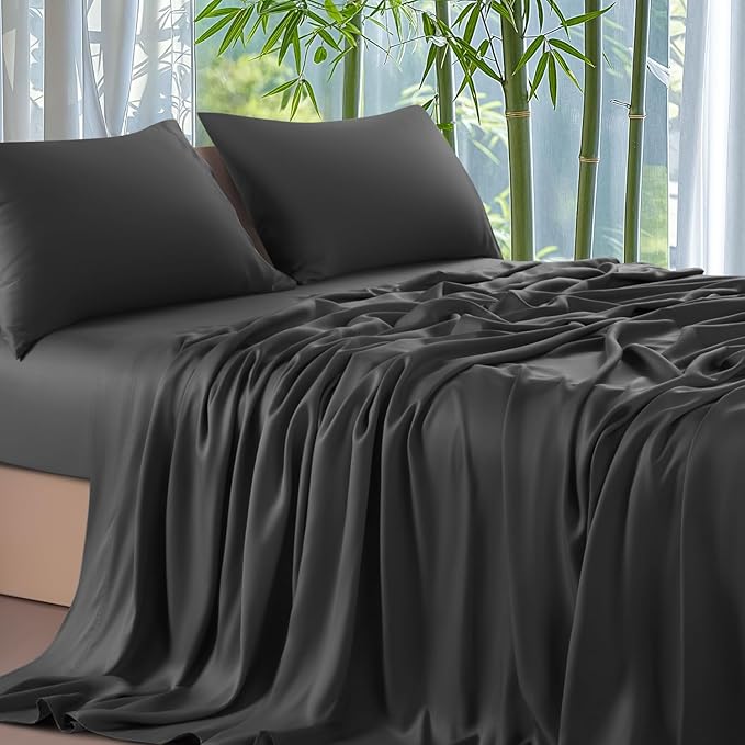 Shilucheng 100% Viscose Derived from Bamboo_ Sheets Cal King Size 4pcs - Ultra Cooling & Silky Soft Bed Sheets, 16" Deep Pocket, Perfect for Hot Sleepers, Hotel Bedding Sheets (Black)