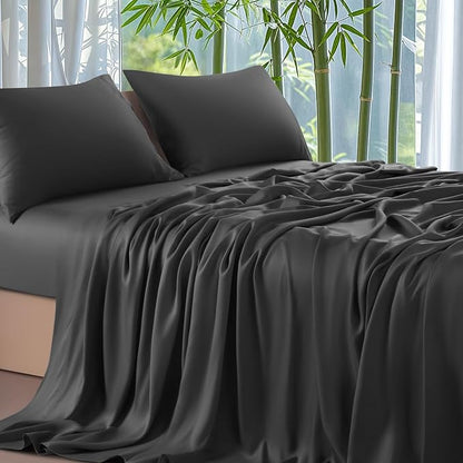 Shilucheng 100% Viscose Derived from Bamboo_ Sheets Cal King Size 4pcs - Ultra Cooling & Silky Soft Bed Sheets, 16" Deep Pocket, Perfect for Hot Sleepers, Hotel Bedding Sheets (Black)