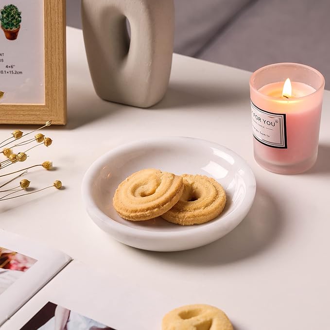 Natural Marble Travertine Ring Dish Jewelry Tray 5.5" for Women, Marble Trinket Dish for Key Earring Nightstand, Mother's Day Engagement Birthday Gift - Italian White