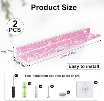 Rainbow Glitter Acrylic Floating Shelves, 23.6" Wall Mounted Nursery Bookshelves, Display Ledge for Books Toys Cosmetic Storage, Bathroom Bedroom Living Room Wall Organizer, 2 Pack, Pink