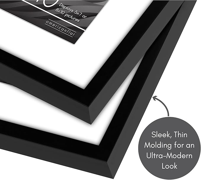 Americanflat 8x10 Picture Frame with Shatter-Resistant Glass - Set of 2 - Use as 5x7 Frame with Mat or Display 8x10 Photo Without Mat - Streamline Collection - Tabletop or Wall Display - Black