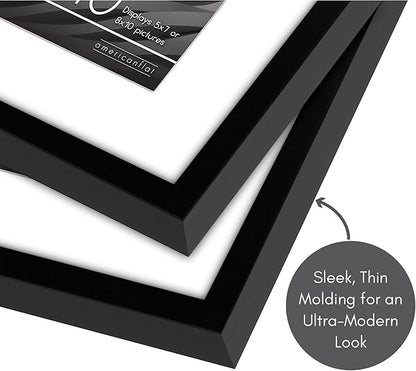 Americanflat 8x10 Picture Frame with Shatter-Resistant Glass - Set of 2 - Use as 5x7 Frame with Mat or Display 8x10 Photo Without Mat - Streamline Collection - Tabletop or Wall Display - Black
