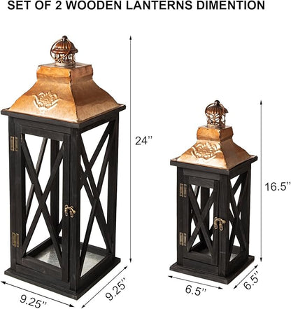 Large Farmhouse Wooden Lanterns with Metal Top, Decorative Floor Lanterns Set of 2, Black Frame with Rustic Gold Accents, Indoor/Outdoor Hurricane Lanterns for Home Decor (No Glass)