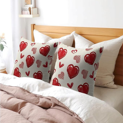 Valentines Day Pillow Covers 24x24 Set of 2 Beige Red Heart Throw Pillow Covers Love Pillowcase Linen Decoration Farmhouse Holiday Cozy Soft Cushion Case Couch for Indoor Outdoor Home Decor