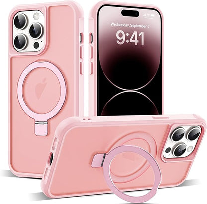 Compatible with iPhone 14 Pro Case with Invisible Magnetic O-Ring Stand Military-Grade Translucent Case for iPhone 14 Pro 6.1" [Compatible with Mag-Safe][Great Grip Feeling], Pink