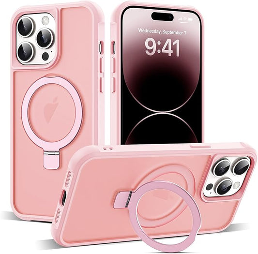 Compatible with iPhone 14 Pro Case with Invisible Magnetic O-Ring Stand Military-Grade Translucent Case for iPhone 14 Pro 6.1" [Compatible with Mag-Safe][Great Grip Feeling], Pink