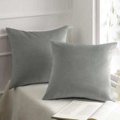 Phantoscope Pack of 2 Velvet Decorative Throw Decorative Pillow Cover Soft Solid Square Cushion Case for Couch Mist Grey 26 x 26 inches 65 x 65 cm