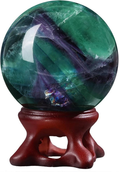 SUNYIK Natural Fluorite Ball Sphere with Resin Stand Polished Crystal Sphere Stone Figurine Decor for Home Office Tabletop, 1.6-1.9"(41-50mm)