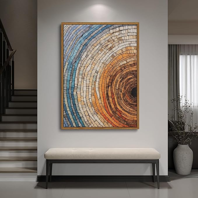 IBHJSART Framed Tree Ring Canvas Wall Art Vintage Colorful Wood Stump Painting Prints Modern Minimalist Pictures Neutral Nature Rustic Farmhouse Decor Living Room Bedroom Bathroom Office