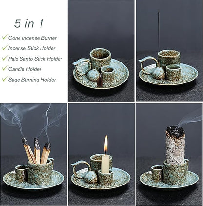 4 in 1 Ceramic Incense Burner Holder with Handle for Burning Sage, Palo Santo Stick, Joss Sticks, Candle in Your New House, Office, Yoga, Meditation Room (Speckled Blue)