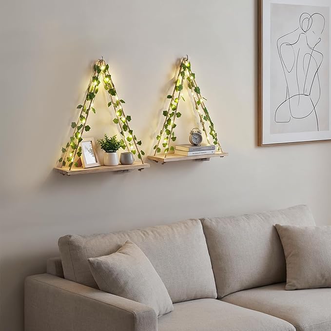 RICHER HOUSE Artificial Ivy LED-Strip Wall Hanging Shelves Set of 2, Macrame Shelf No Drilling for Bedroom Living Room Kitchen, Wood Hanging Plant Shelves for Wall Décor, Christmas Decorations
