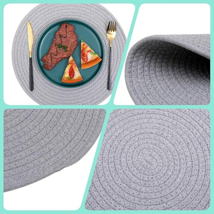 6 Pack Cotton Woven Placemats, 13.8 inches Round Plate Chargers Grey Thick Placemat Set Cotton Rope Braided Tablemats Rattan Tablemats Rustic Weave Placemats for Dining Table