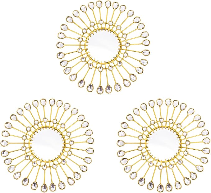 Gold Mirrors - Sunburst Christmas Wall Art, Decorative Round Mirrors for Christmas Bedroom, Living Room, Bathroom, Kitchen, Entryway, Hallway - Set of 3