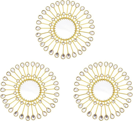 Gold Mirrors - Sunburst Christmas Wall Art, Decorative Round Mirrors for Christmas Bedroom, Living Room, Bathroom, Kitchen, Entryway, Hallway - Set of 3