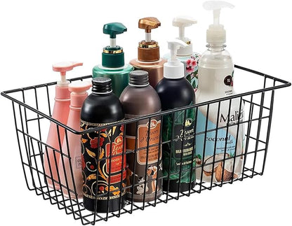 Redrubbit Wire Storage Baskets, Large Farmhouse Metal Freezer Basket Storage Organizer Bins with Handles for Kitchen Cabinets, Pantry, Closets, Bedrooms, Bathrooms, Set of 4, Black