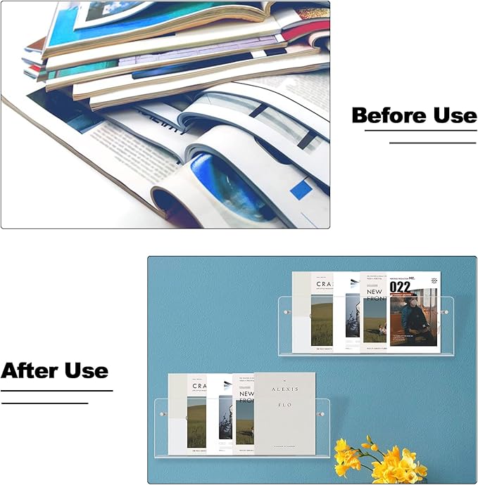 4PACK Acrylic Brochure Holder Wall Mount Clear Hanging Magazine Rack Bookshelf Comic Display Stand Floating Storage Organizer for Living Room, Office, Waitting Room
