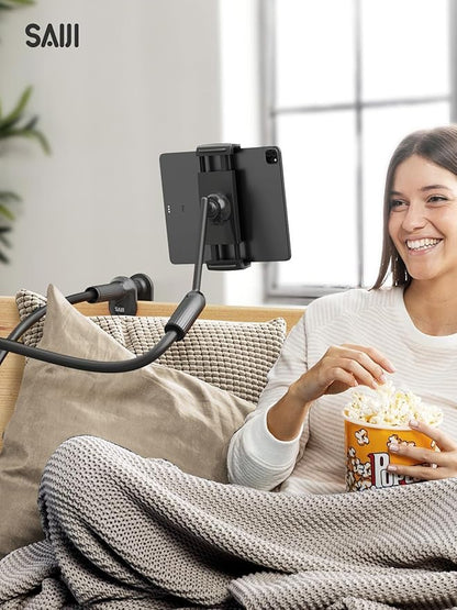 SAIJI 47" Gooseneck Kindle Holder, Tablet Holder for Bed with Upgraded Base, iPad Stand with Flexible Lazy Arm, Compatible with iPad/iPhone/Kindle/Switch or Other 4.7-11" Device (Black)