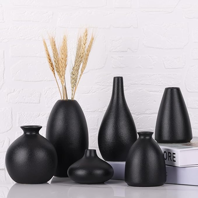 Set of 6 Matte Black Small Vases for Flowers, Ceramic Bud Vase Bulk Boho Centerpieces for Tables, Mini Short Vase Modern Bulk Wedding Centerpieces Ikebana Vases for Bridal Shower/House Warming Gift