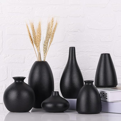 Set of 6 Matte Black Small Vases for Flowers, Ceramic Bud Vase Bulk Boho Centerpieces for Tables, Mini Short Vase Modern Bulk Wedding Centerpieces Ikebana Vases for Bridal Shower/House Warming Gift