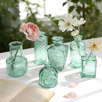 Aqua Green Glass Bud Vase Set of 12, Vintage Mini Flower Vases for Centerpieces, Wedding Table, Assorted Textured Small Glass Vase Bulk for Baby Shower, Bridal Shower, Parties, Home Decor