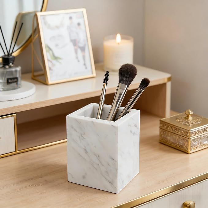Marble Pen Holder, White Stone, Rectangular Desktop Organizer for Office Study (white)