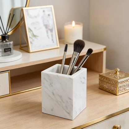 Marble Pen Holder, White Stone, Rectangular Desktop Organizer for Office Study (white)
