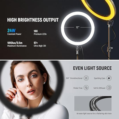 NEEWER 12" 24W High Power LED Ring Light with 71" Tripod Stand Phone Holder Compatible with iPhone for Video Recording Makeup Selfie Studio Streaming TikTok, Bi Color Ringlight Lighting, RH12B