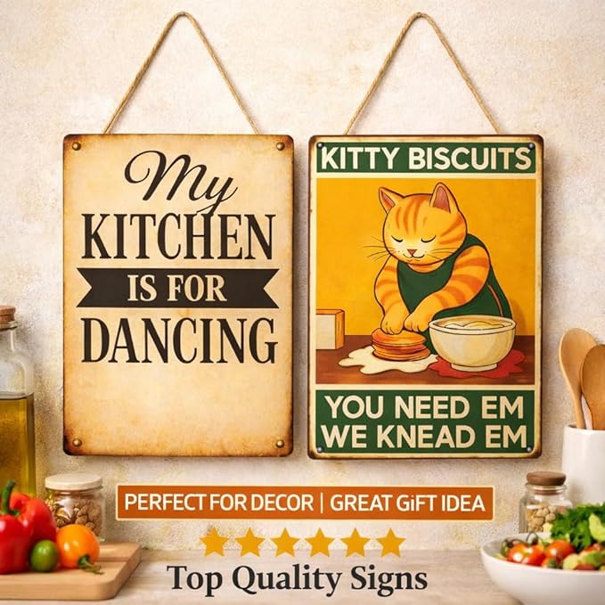 Kitchen Wall Decor Vintage Metal Wall Signs, Vintage Home Decor Cat Lover Gifts for Women, Perfect for Cozy Home Spaces, Funny Decorative Signs & Plaques, Set of 2