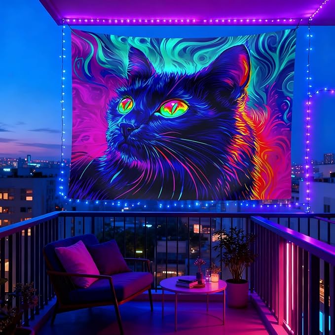 seewan Black Light Black Cat Tapestry, UV-reactive neon black cat with glowing green eyes, psychedelic abstract animal art tapestry, bedroom/dorm/living room backdrop decoration