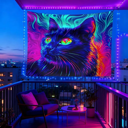 seewan Black Light Black Cat Tapestry, UV-reactive neon black cat with glowing green eyes, psychedelic abstract animal art tapestry, bedroom/dorm/living room backdrop decoration