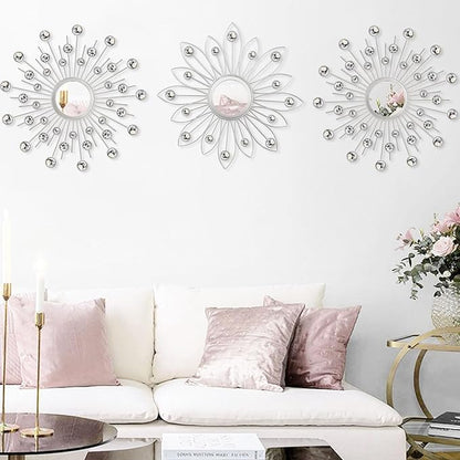 Uaussi 3 Pack Crystal Sunburst Wall Mirror Décor Rhinestone Mirrors Decorative Home Wall Art for Living Room Bedroom Entryway(Flower+Sunburst Silver)