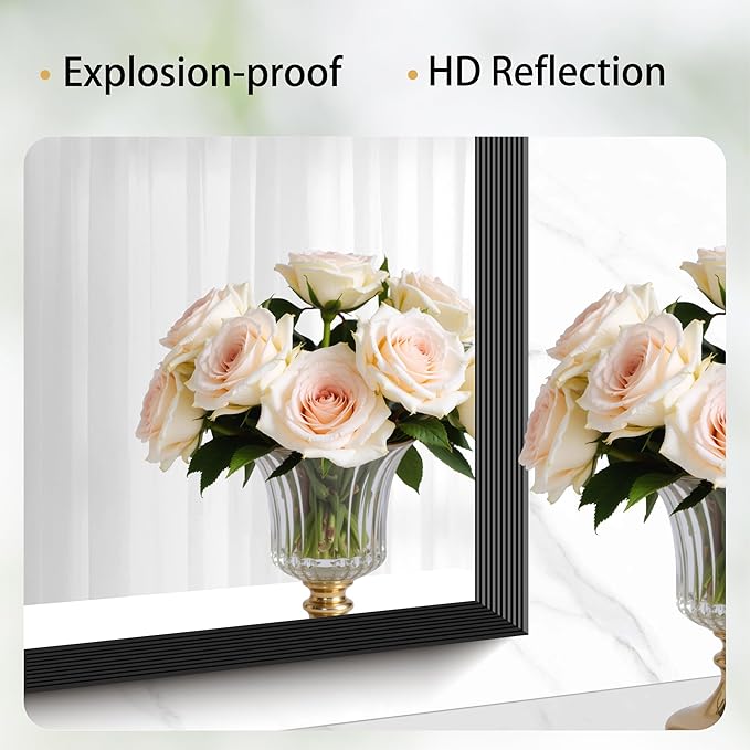 Black Bathroom Mirror 14 x 48 Inch Rectangle Wave Beveled Frame for Wall Bathroom Vanity Mirror for Over Sink, Tempered Glass,for Entryway Hangs, Bathroom Living Room Horizontal or Vertical