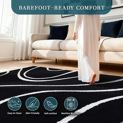 YIHOUSE Abstract Washable Rug 6x9,Ultra Thin Non Slip Black Rugs for Living Room,Modern Minimalist White Stripe Rugs for Bedroom,Dining Room Office Playroom (6'x9',Black-2)