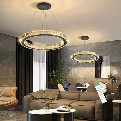 Crystal Ring Chandelier Black Modern LED Pendant Lights for Dining Room Remote Dimmable Hanging Light Kitchen Island Entrance Bedroom Lighting Chandeliers