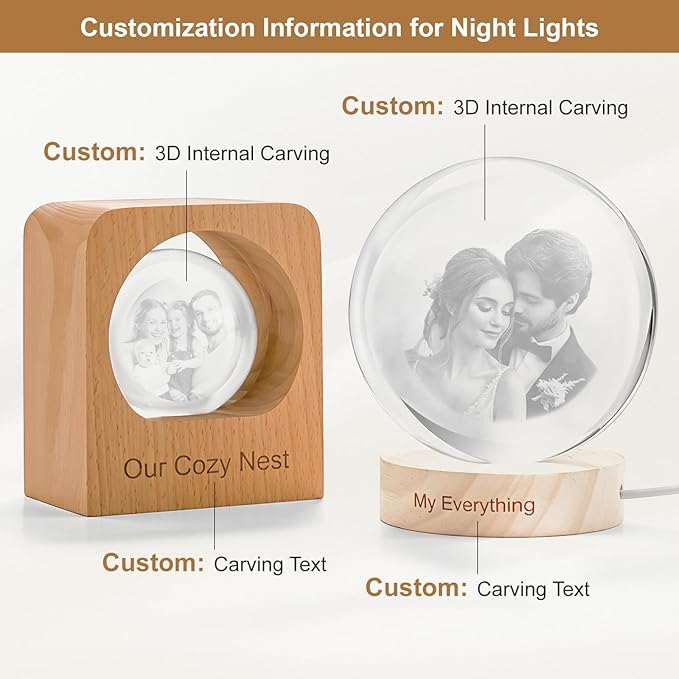 Custom 3D Crystal Photo Night Light Personalized Photo Crystal Ball Engraved Picture Lamp with Wood Base Memorial Gift for Pets Family Couple Birthday Valentine's Day (Style 3)