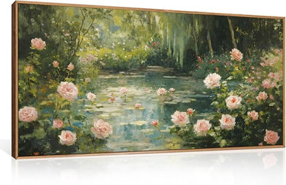Aryroi Watercolor Flower Tree Framed Canvas Wall Art Set,Natural White Pink Rose Wildflower Wall Decor,Vintage Dark Green Botanical Artwork for Living Room, Bedroom,Farmhouse-40 x20 x1