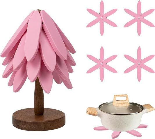 Silicone Trivets Mat Set for Hot Dishes - Tree Trivets with Stand - Hot Pads Pot Holders for Kitchen (Pink)