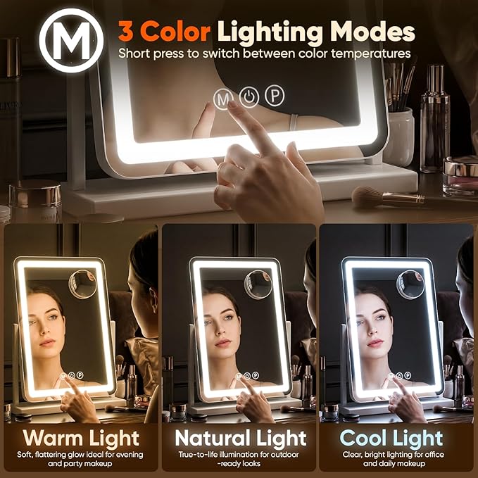Antok Vanity Mirror with Lights, 24"X20" Lighted Makeup Mirror, Smart Touch, 3 Color Modes and Brightness Adjustable, LED Vanity Mirror with Detachable 10X Magnification, 360° Rotation for Makeup Desk