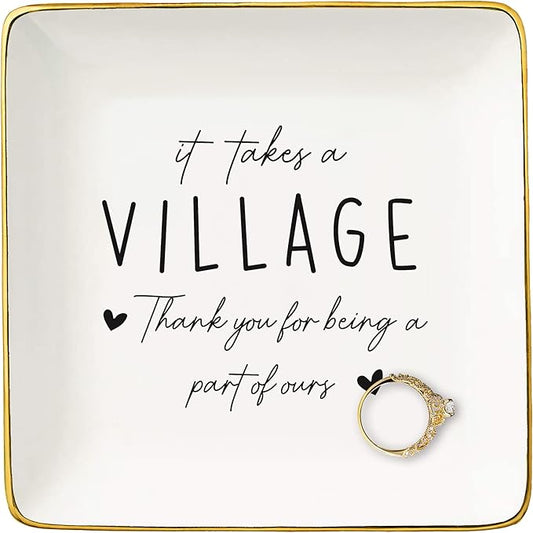 Coworkers Employee Bosses Teacher Appreciation Gifts,Baby-sitter Neighbor Gifts,Child Care Worker,Thank You for Being a Part of Ours,Ceramic Jewelry Tray Trinket Holder Ring Dish-It Takes a Village