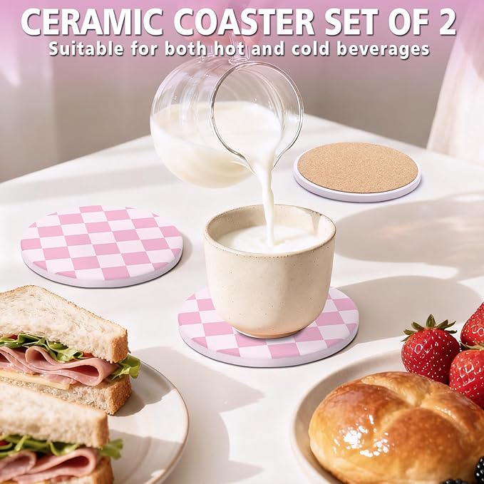 2 Pack Ceramic Absorbent Coasters for Drinks, Heat Resistant Drink Coasters for Desk, Pink Coaster Set for Coffee Table, Non-Slip Cup Coaster with Cork Backing, Posavasos for Kitchen Home Decor Gifts