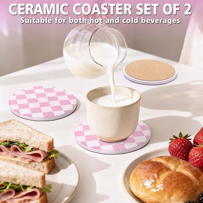 2 Pack Ceramic Absorbent Coasters for Drinks, Heat Resistant Drink Coasters for Desk, Pink Coaster Set for Coffee Table, Non-Slip Cup Coaster with Cork Backing, Posavasos for Kitchen Home Decor Gifts