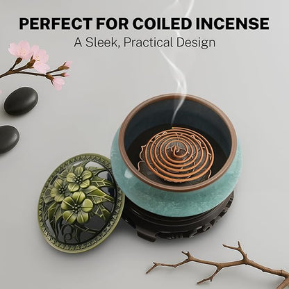 Ceramic Incense Burner with Lotus Incense Holder, Multi-Functional Incense Burner Holder for Incense Sticks, Coil Incense and Cones, Perfect Home Decor (Blue)