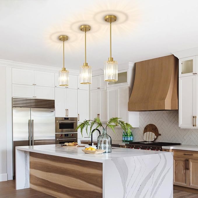 Crystal Pendant Lights, 3 Pack Brushed Gold Pendant Lights for Kitchen Island, Modern Mini Crystal Hanging Light Fixtures for Kitchen, Dining Room, Hallway, Foyer, Entryways