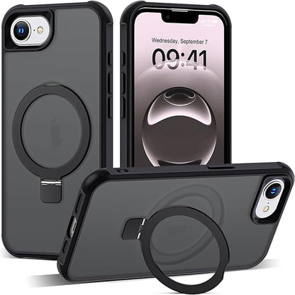 Compatible with iPhone 16E Case with Invisible Magnetic O-Ring Stand Military-Grade Translucent Case for iPhone 16E 6.1" 2025 [Compatible with Mag-Safe][Great Grip Feeling], Black